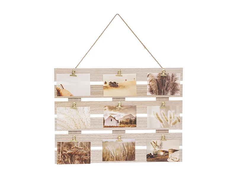 Pêle-mêle Multivues Porte Photos mural en Bois avec Clips en métal doré 58 x 43 cm
