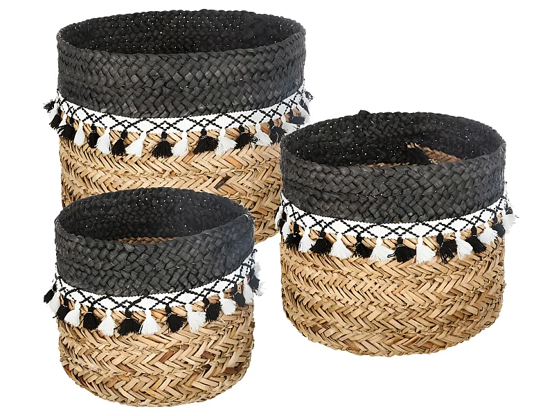 Set de 3 Paniers de rangement en Seagrass avec Pompons