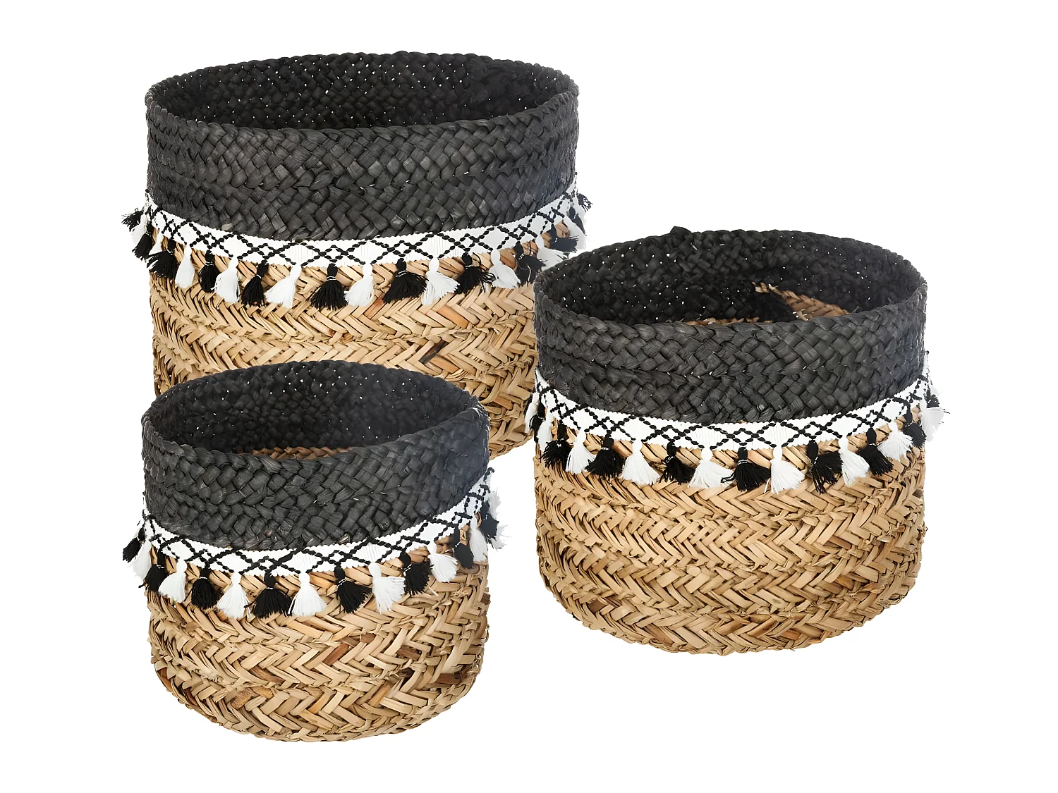 Set de 3 Paniers de rangement en Seagrass avec Pompons