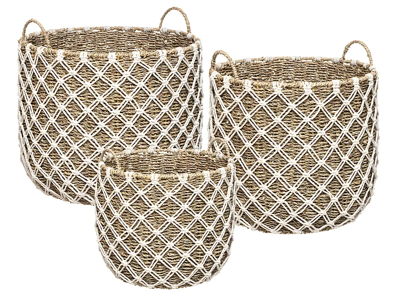 Set de 3 Paniers de rangement en Macramé et Roseau naturel