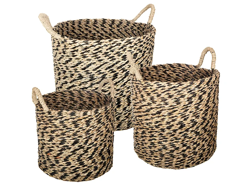 Set de 3 Paniers de rangement rond en Osier Noir et Naturel