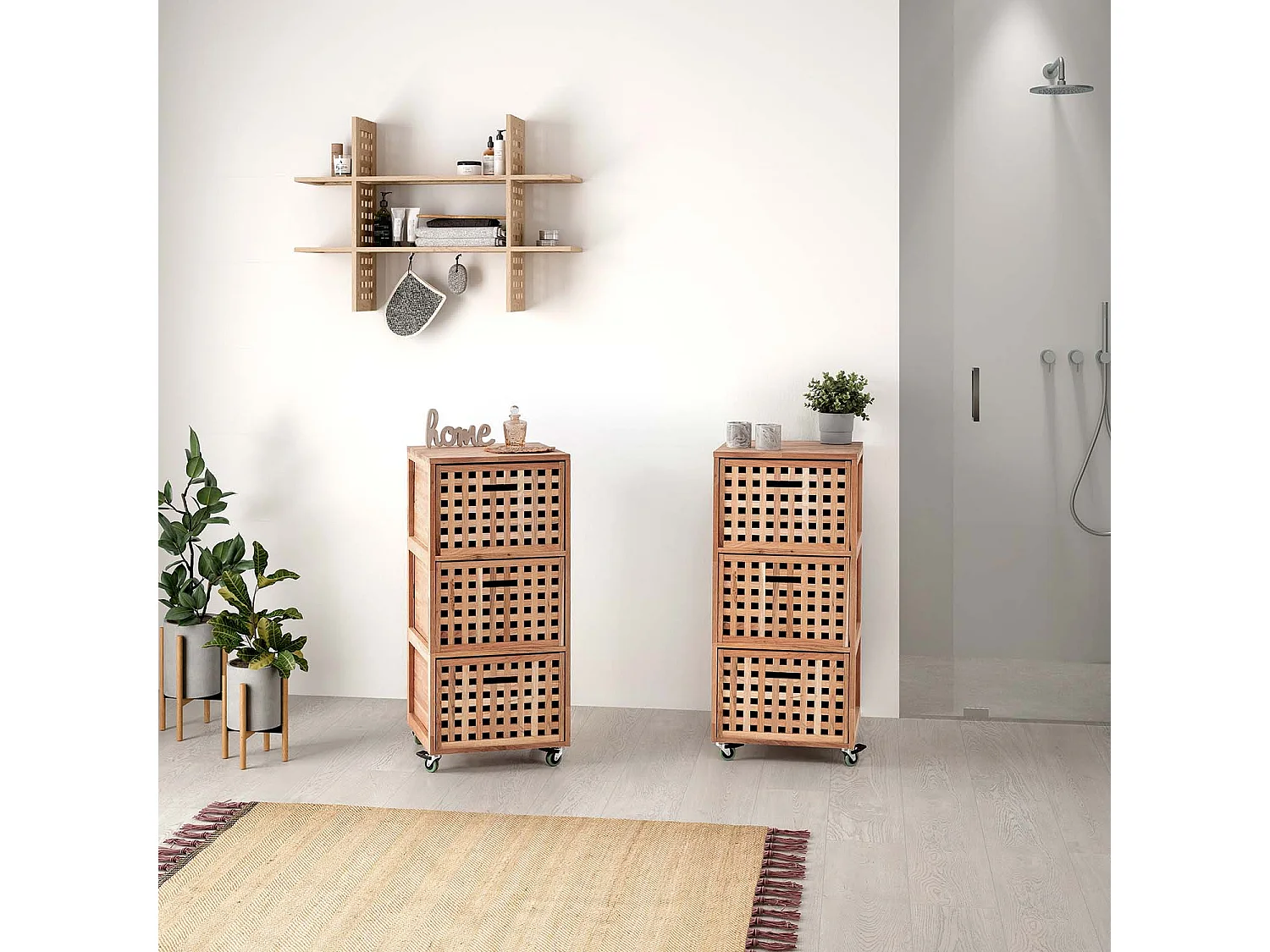 Półka kolumnowa Jaya z drewna orzechowego z 6 przegródkami.