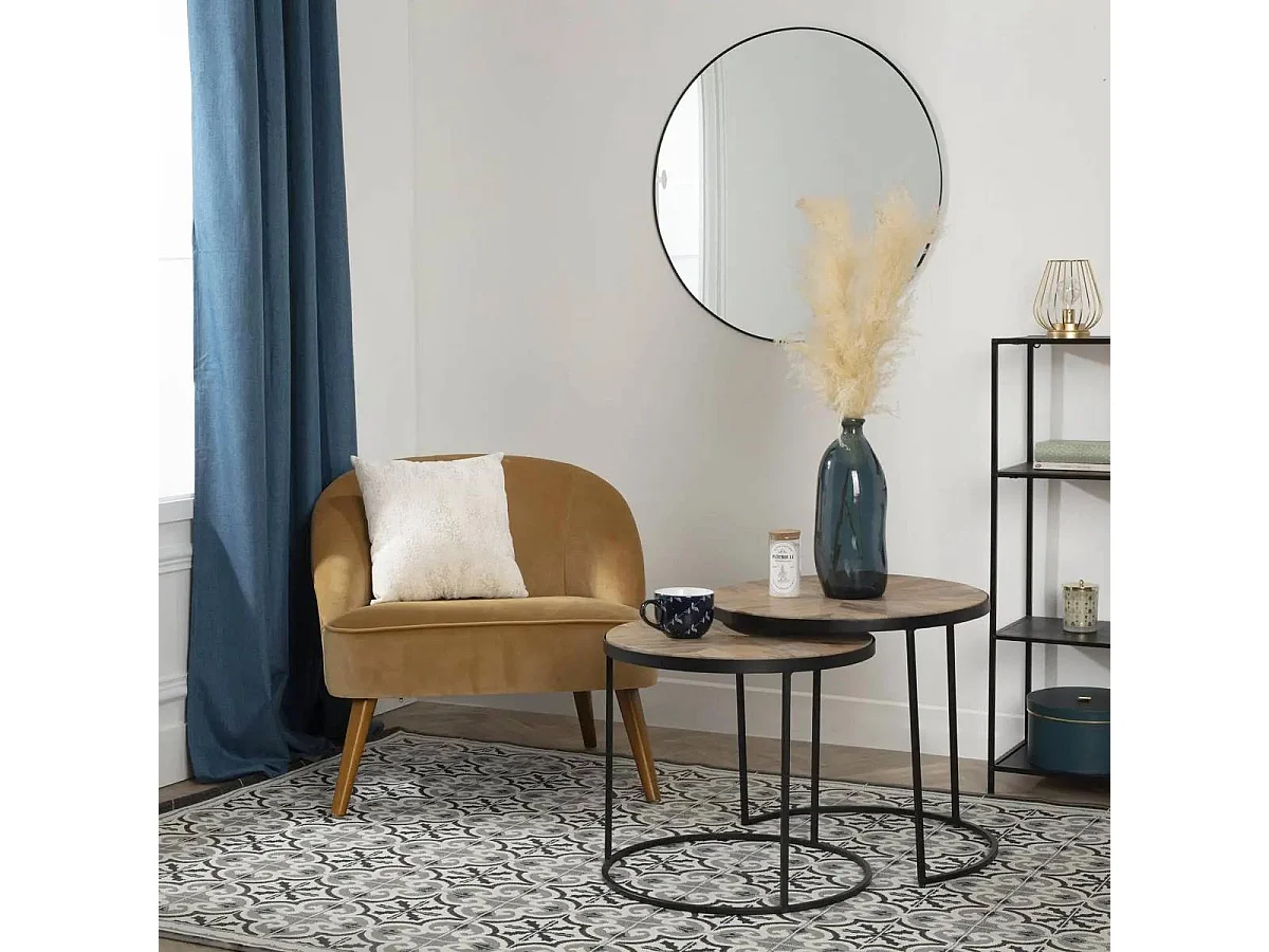 Fauteuil en Velours Moutarde et pieds en Bois