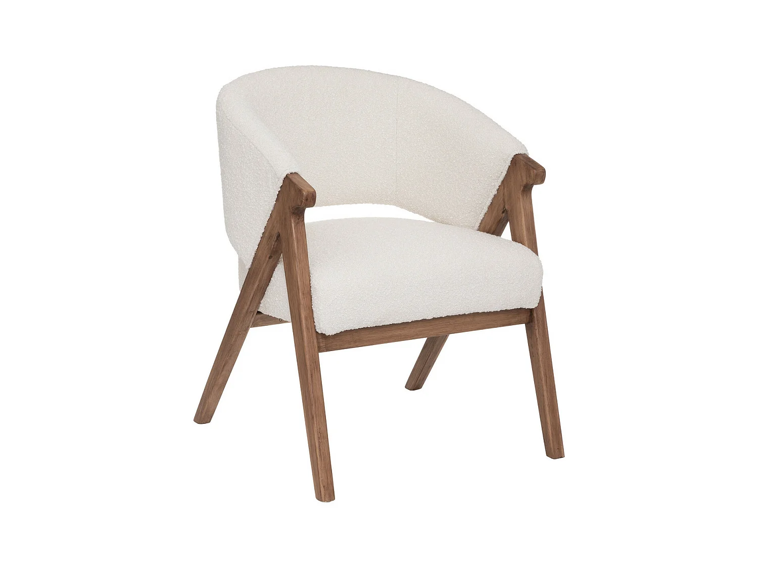 Fauteuil  tissu Blanc à bouclettes et pieds en Bois d'Hévéa