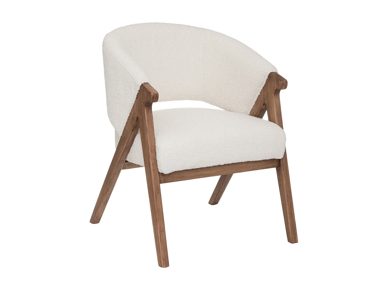 Fauteuil  tissu Blanc à bouclettes et pieds en Bois d'Hévéa
