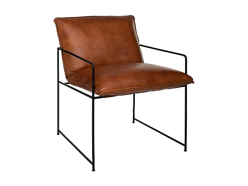 Fauteuil rétro industriel  en Cuir Cognac et Structure en Métal Noir