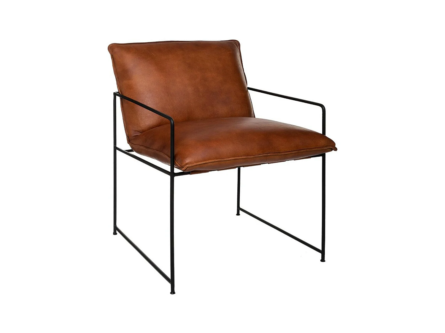 Fauteuil rétro industriel  en Cuir Cognac et Structure en Métal Noir