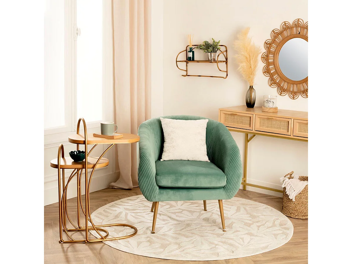 Fauteuil en Velours Vert jade plissé et pieds en métal doré