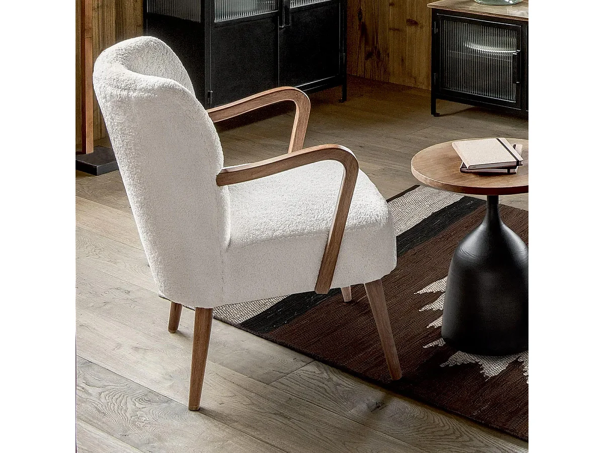 Fauteuil avec accoudoirs en Bois et Tissu blanc à bouclettes