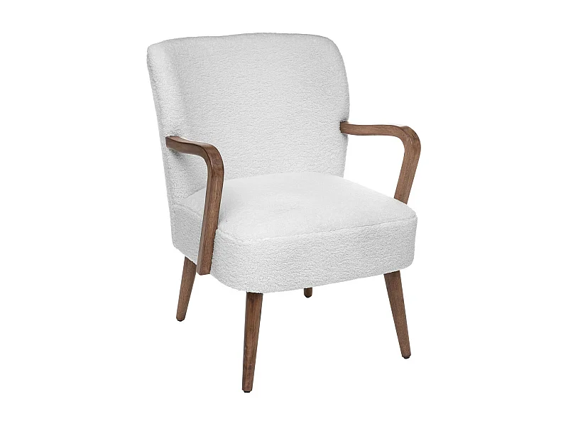 Fauteuil avec accoudoirs en Bois et Tissu blanc à bouclettes
