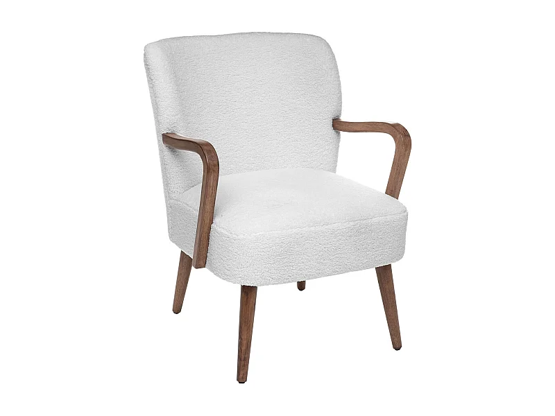Fauteuil avec accoudoirs en Bois et Tissu blanc à bouclettes