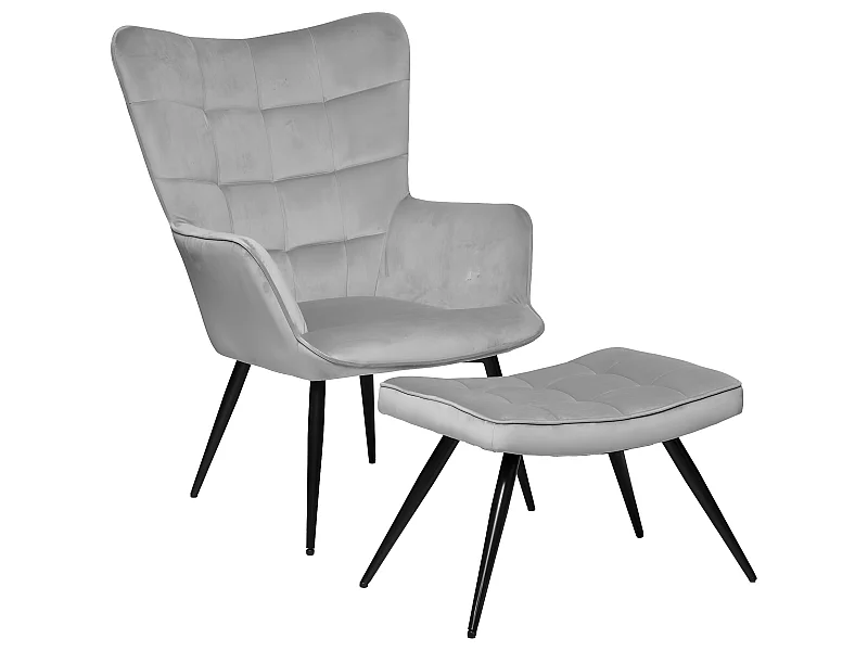 Fauteuil et son tabouret en Velours Gris Galet et pieds en métal Noir