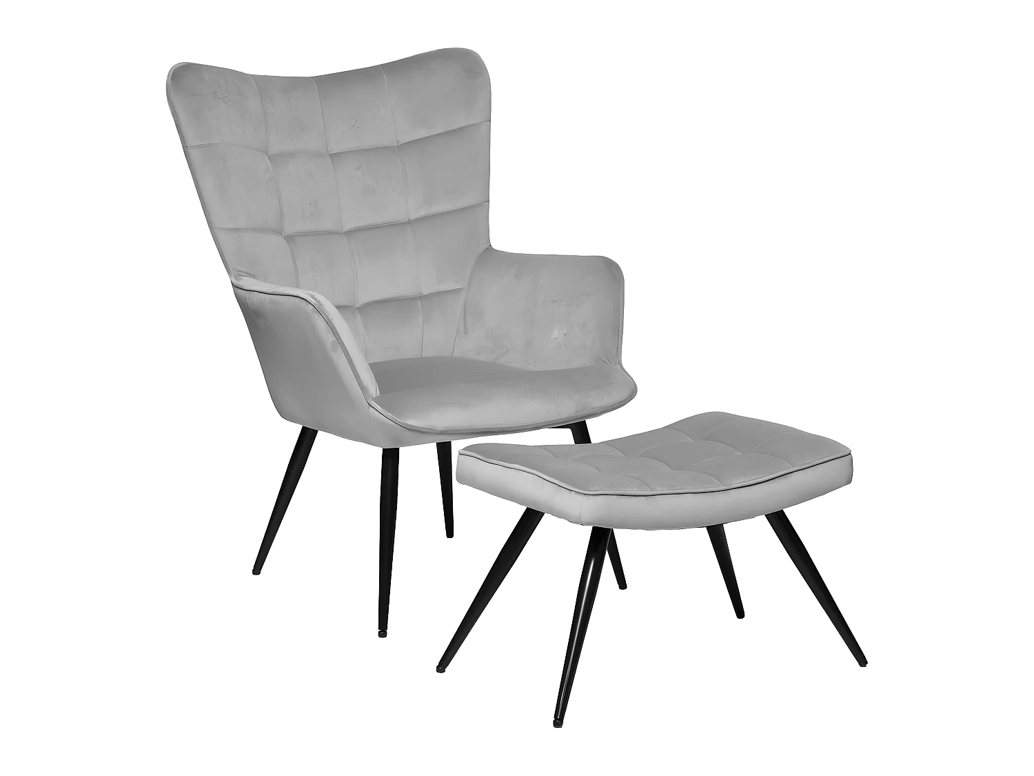 Fauteuil et son tabouret en Velours Gris Galet et pieds en métal Noir