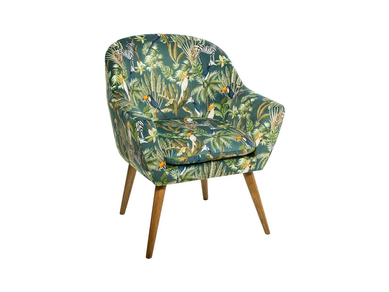 Fauteuil en Velours Vert motif Jungle et pieds en Bois