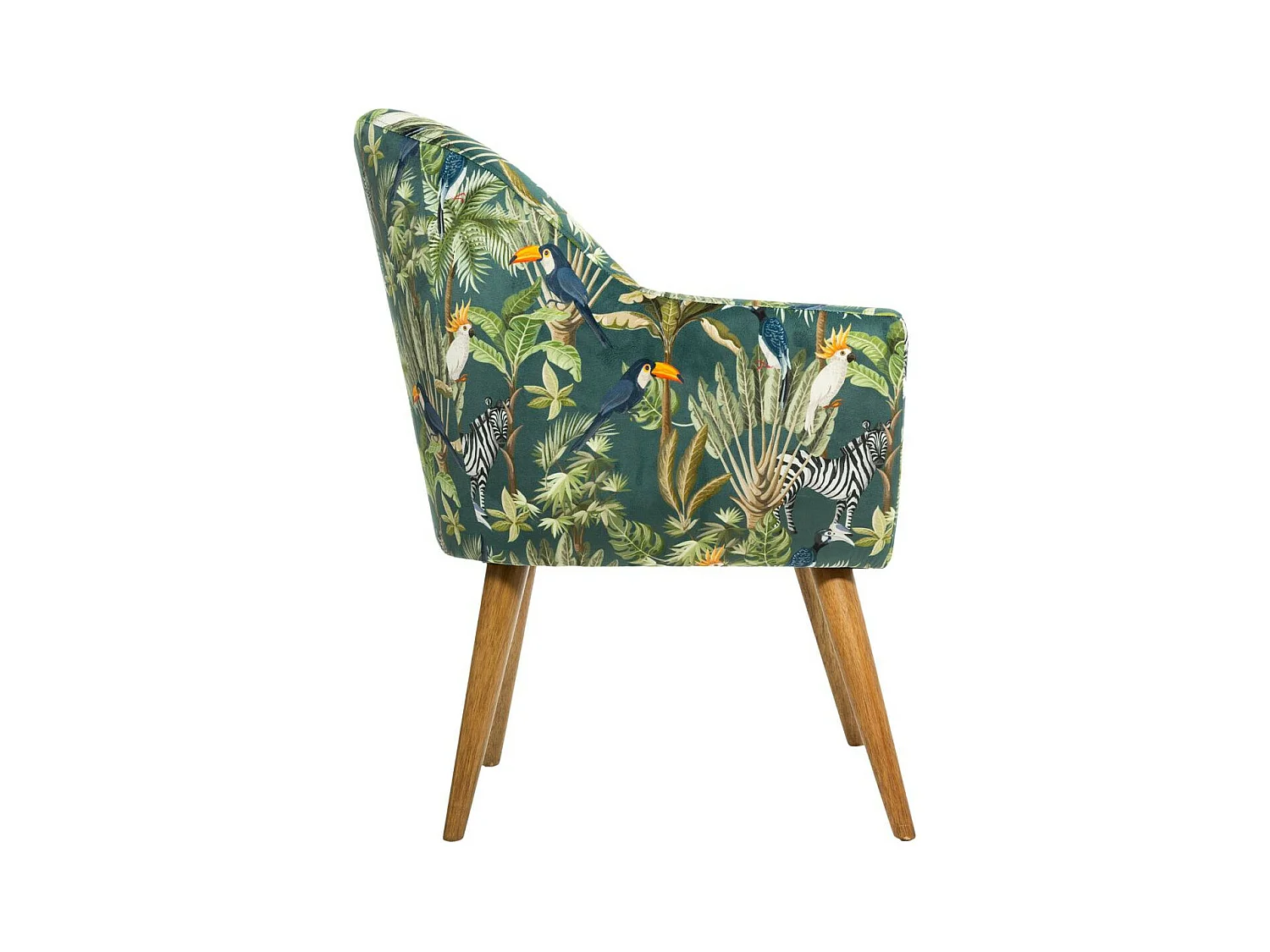 Fauteuil en Velours Vert motif Jungle et pieds en Bois