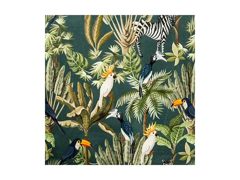 Fauteuil en Velours Vert motif Jungle et pieds en Bois