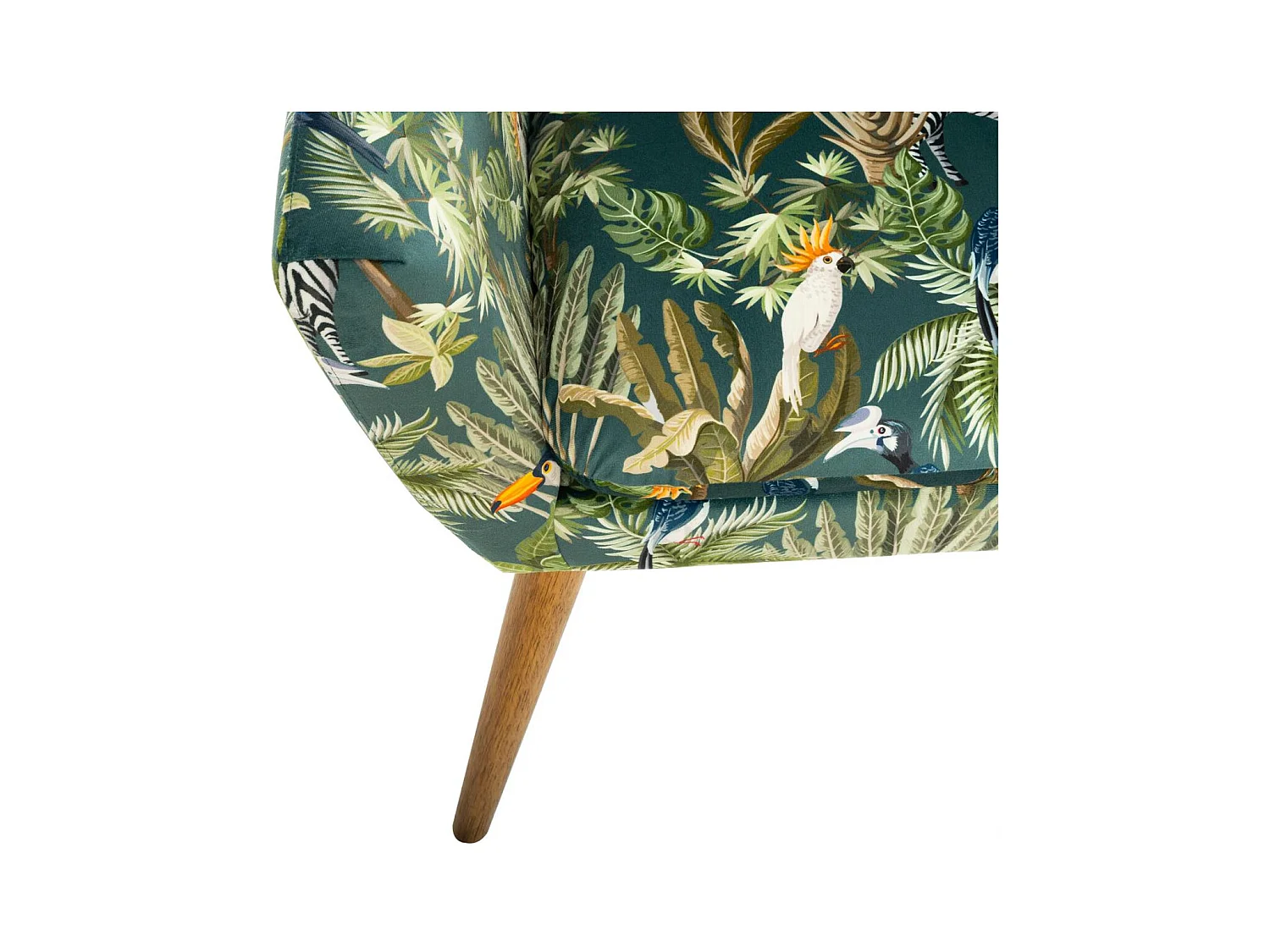 Fauteuil en Velours Vert motif Jungle et pieds en Bois
