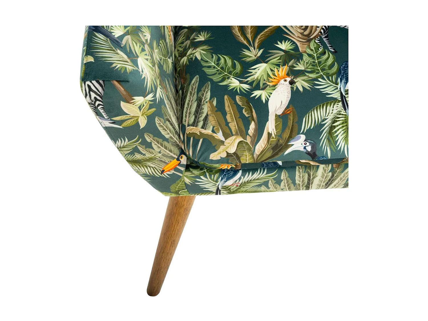 Fauteuil en Velours Vert motif Jungle et pieds en Bois