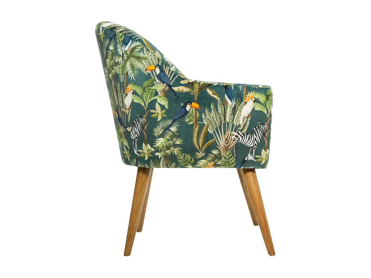Fauteuil en Velours Vert motif Jungle et pieds en Bois