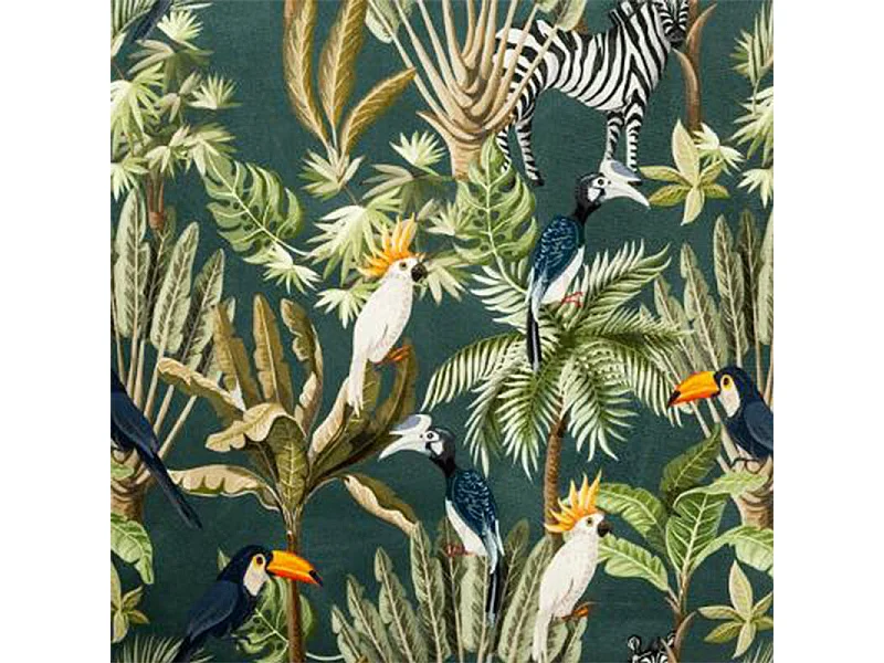 Fauteuil en Velours Vert motif Jungle et pieds en Bois