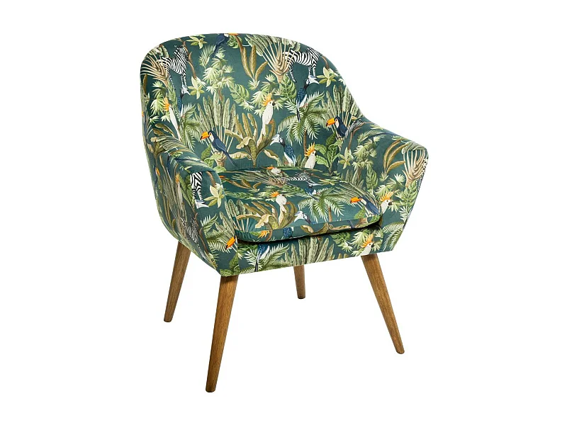 Fauteuil en Velours Vert motif Jungle et pieds en Bois