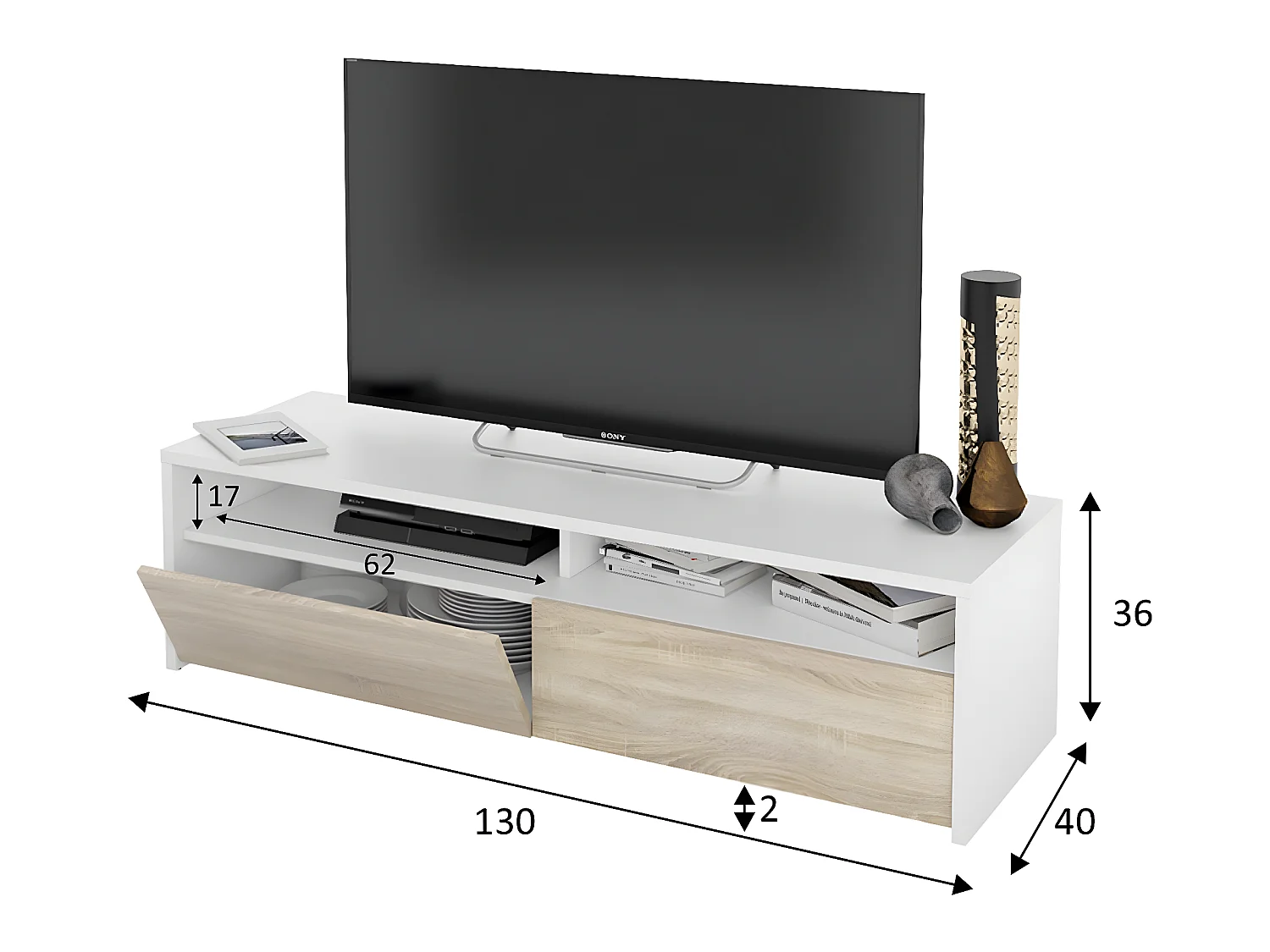 Tv-meubel Silva 2 deuren, wit en eiken, 130 cm breed