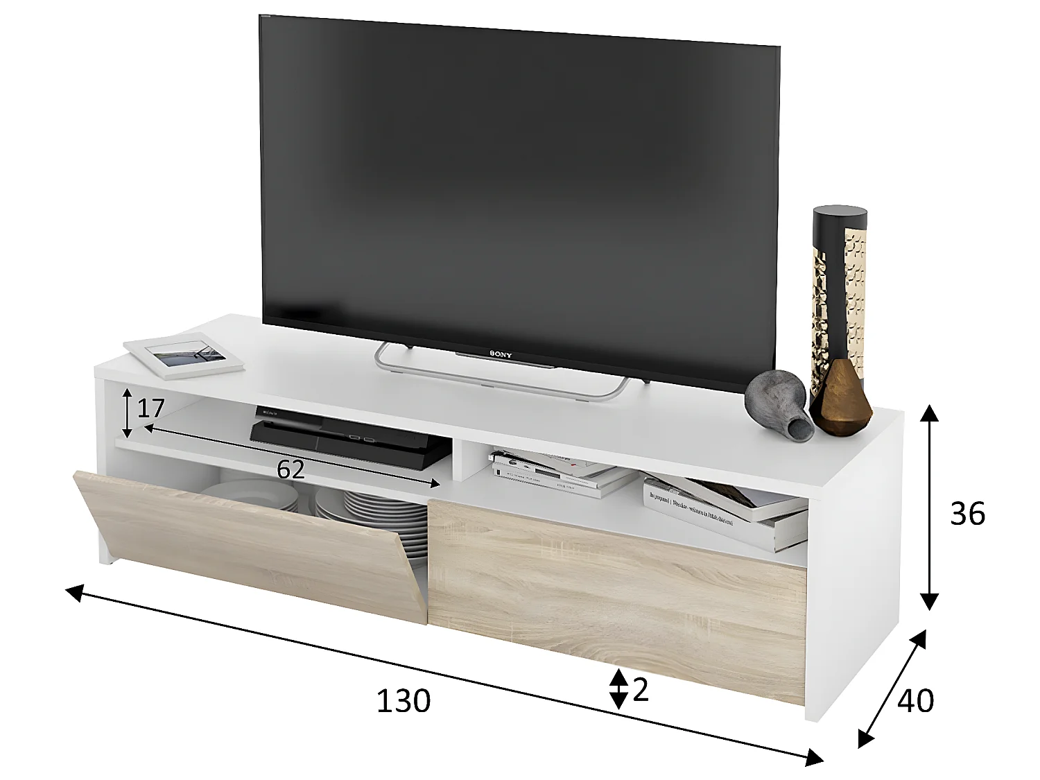 Meuble tv Silva 2 portes, blanc et chêne, 130 cm longueur