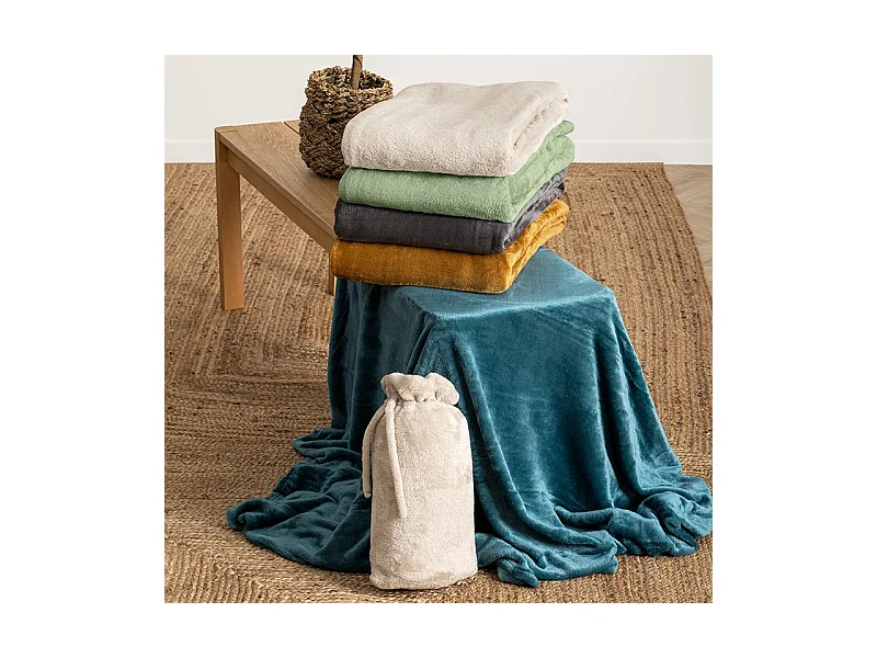 Plaid doux Bleu Canard150 x 200 cm avec sac de rangement