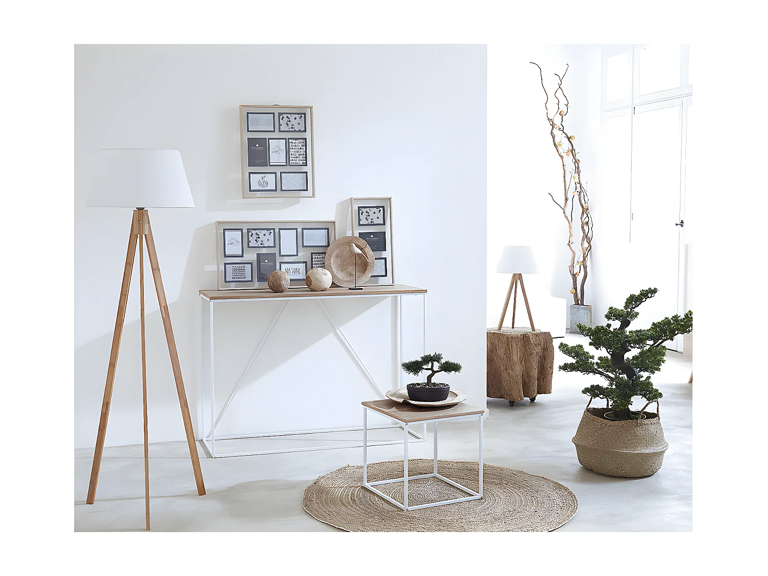 Lampe à poser Pied en Bambou et Abat-jour Blanc H 55 cm