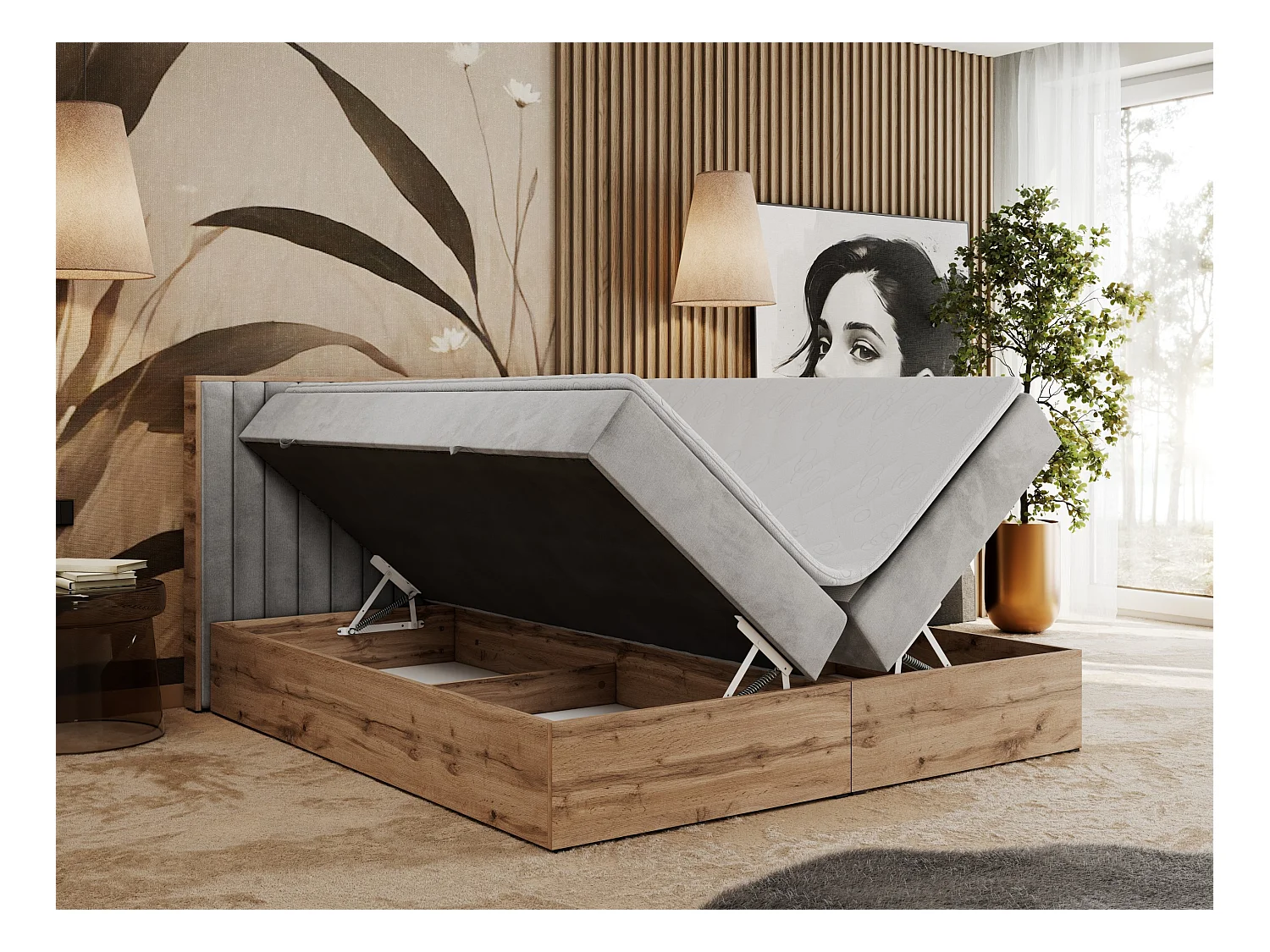 Boxspringbett ALBERO 4, Eiche Wotan Holzrahmen, mit Stauraum, genähtes Kopfteil - 200x200 cm - H4 - Hellgrau Velvet