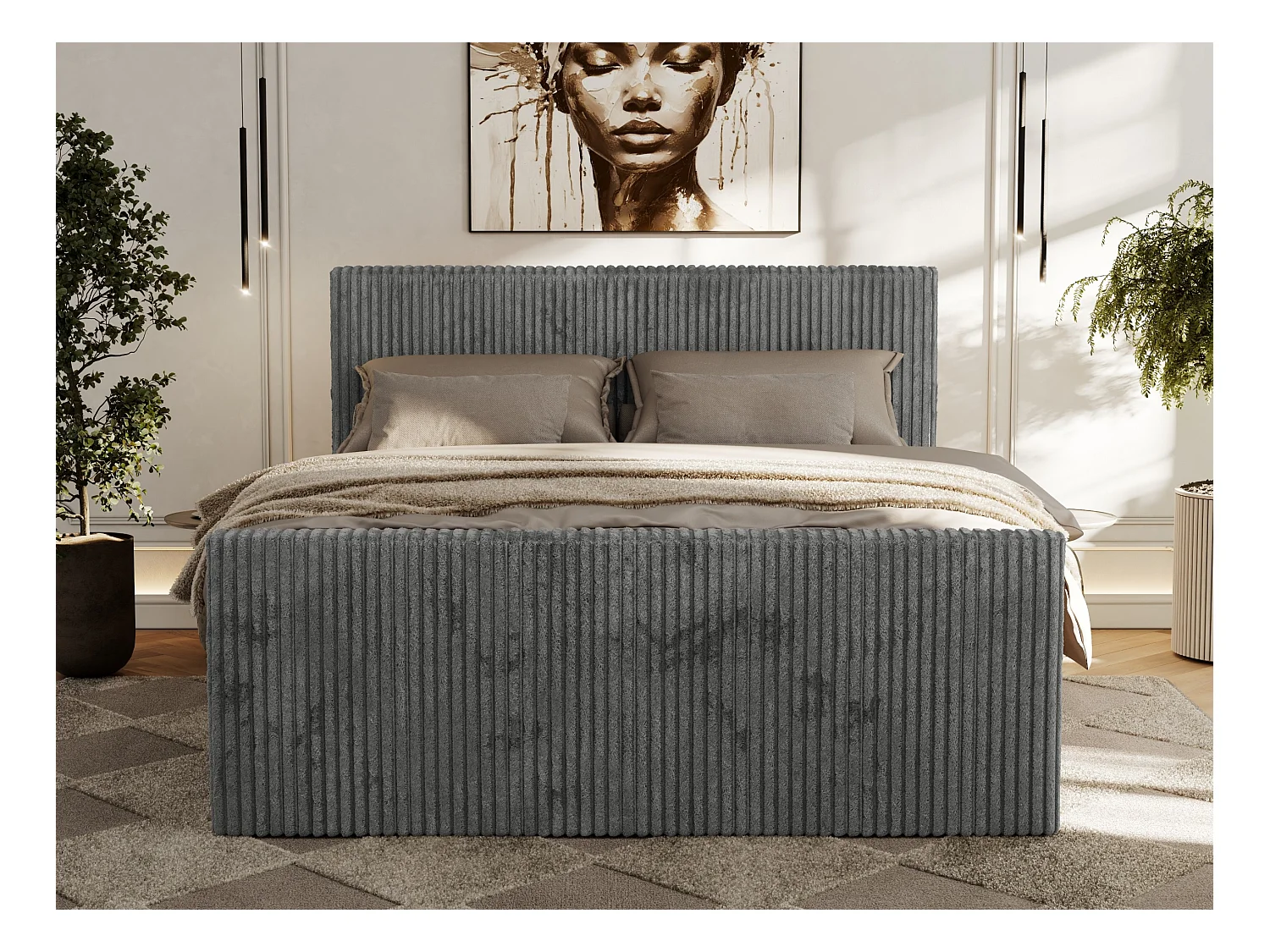 Boxspringbett TILIANO DUO mit gepolstertem Fußteil, Cord Bett, Multipocket-Matratze - 140x200 cm - H4 - Grau Cord