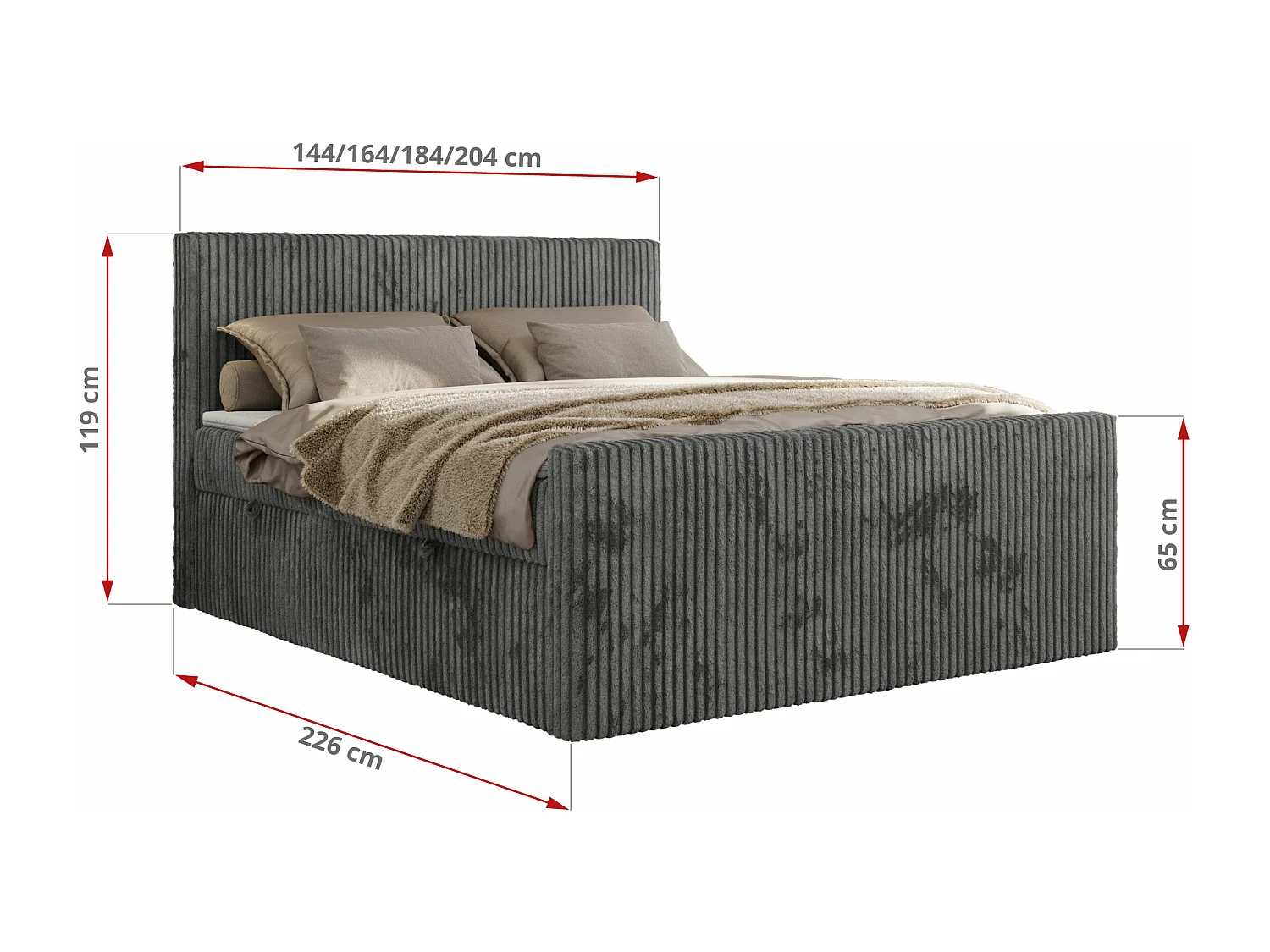 Boxspringbett TILIANO DUO mit gepolstertem Fußteil, Cord Bett, Multipocket-Matratze - 140x200 cm - H4 - Grau Cord