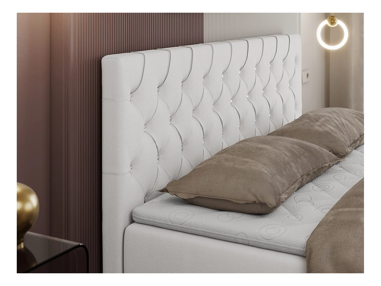 Boxspringbett ROMA mit gestepptem Kopfteil, Multipocket-Matratze, dekorative Füße - 200x200 cm - H3 - Weiß Kunstleder