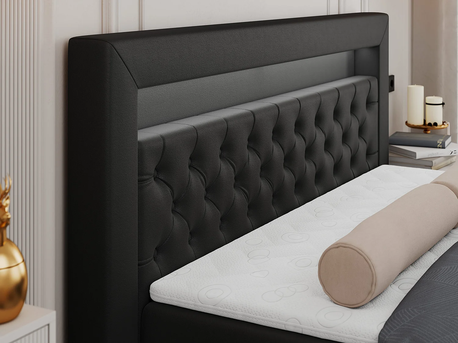 Boxspringbett GOLD 6, Doppelbett mit Stauraum, LED-Beleuchtung, gesteppte Kopfstütze - 140x200 cm - H3 - Schwarz Kunstleder