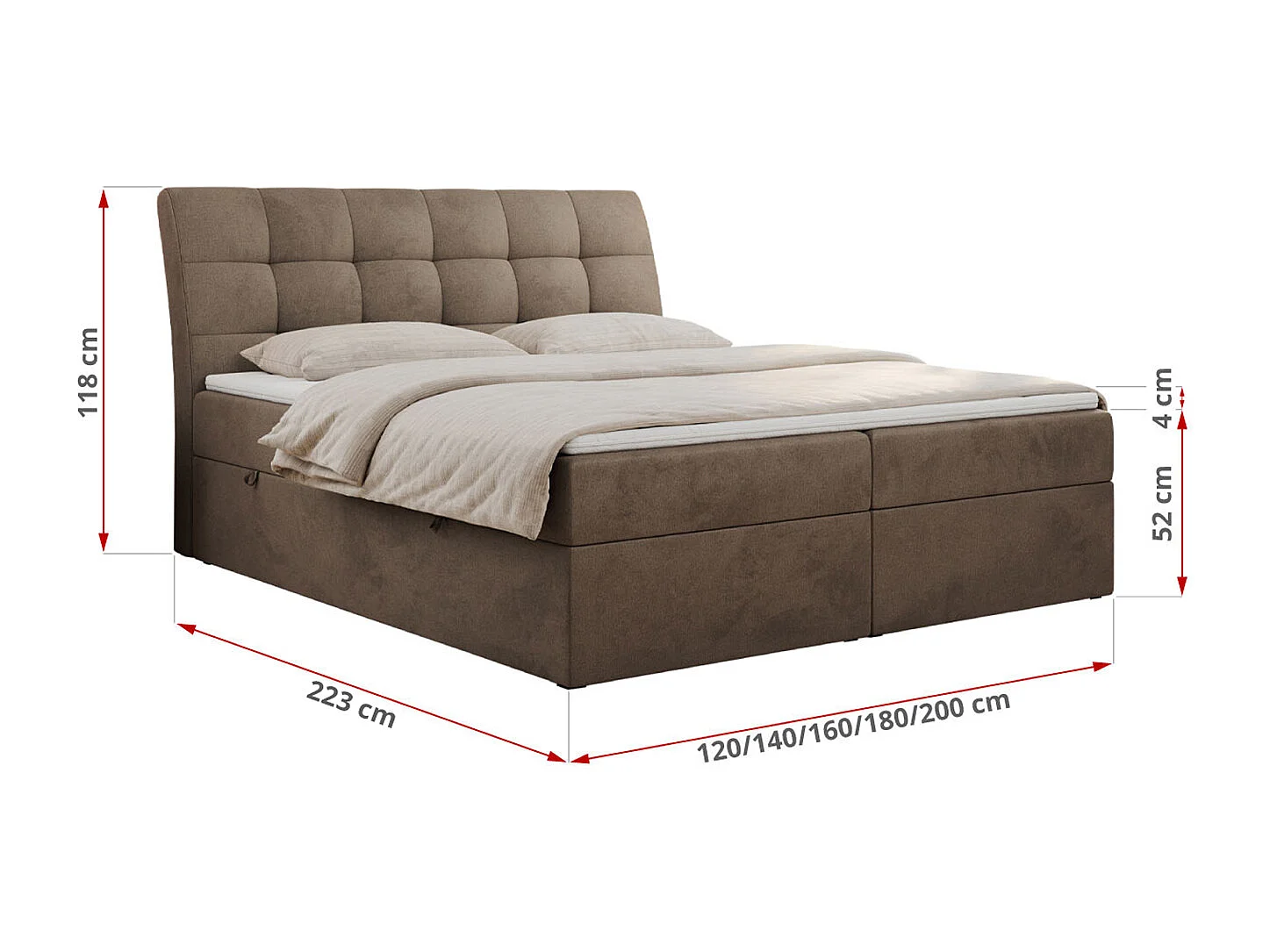 Boxspringbett DIEGOS mit Stauraum, gestepptem Kopfteil, Multipocket-Matratze - 120x200 cm - H4 - Braun Velvet
