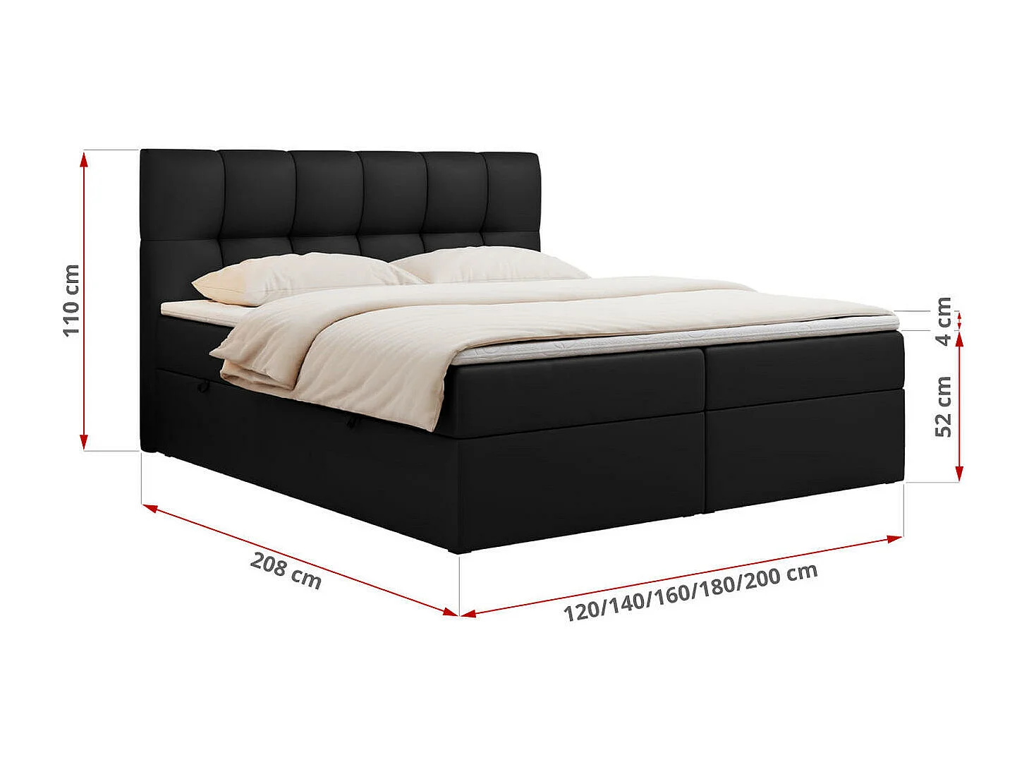 Boxspringbett RICO, Doppelbett mit Matratze, zwei Bettkästen, Bett mit Kopfteil - 200x200 cm - H4 - Schwarz Kunstleder