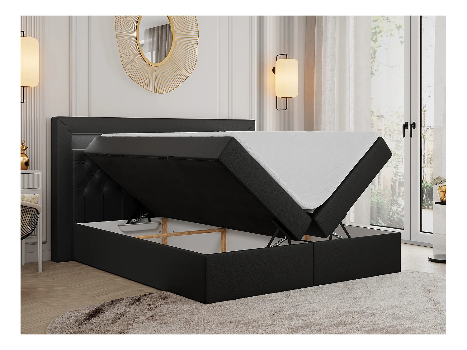 Boxspringbett GOLD 6, Doppelbett mit Stauraum, LED-Beleuchtung, gesteppte Kopfstütze - 140x200 cm - H4 - Schwarz Kunstleder