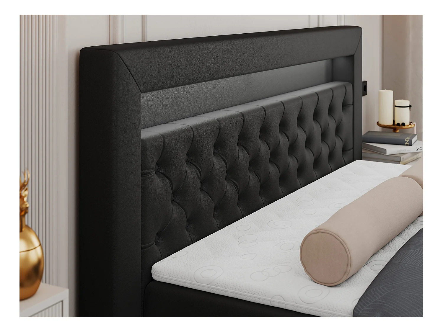 Boxspringbett GOLD 6, Doppelbett mit Stauraum, LED-Beleuchtung, gesteppte Kopfstütze - 140x200 cm - H4 - Schwarz Kunstleder