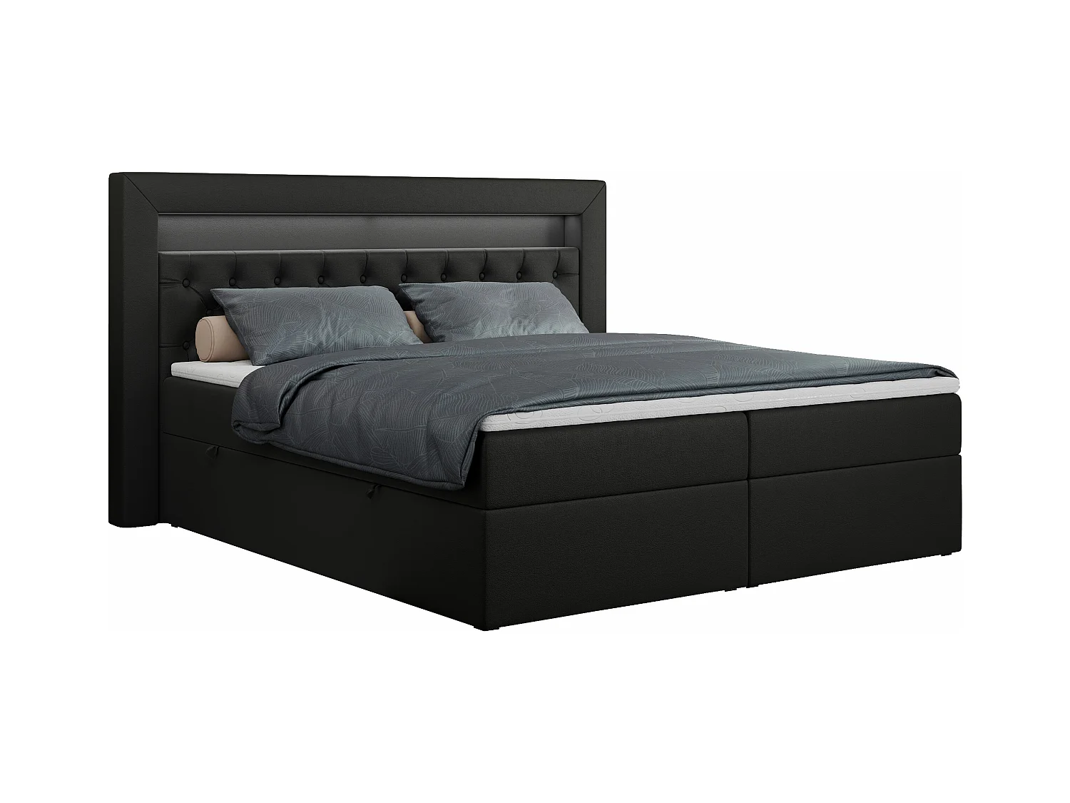 Boxspringbett GOLD 6, Doppelbett mit Stauraum, LED-Beleuchtung, gesteppte Kopfstütze - 140x200 cm - H4 - Schwarz Kunstleder