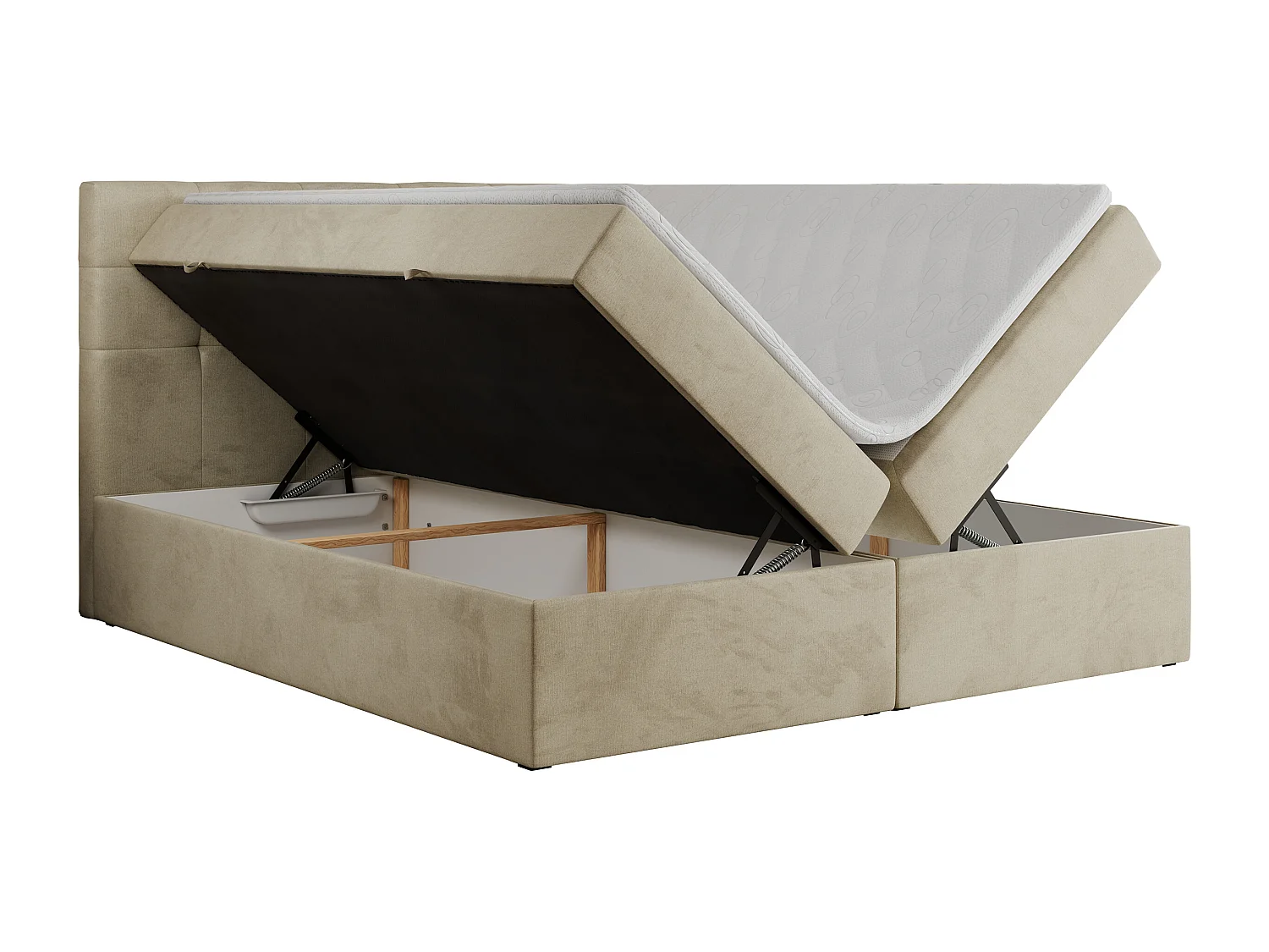 Boxspringbett CENTOS mit gestepptem Kopfteil, Multipocket-Matratze, Doppelbett mit Stauraum - 180x200 cm - H3 - Beige Velvet