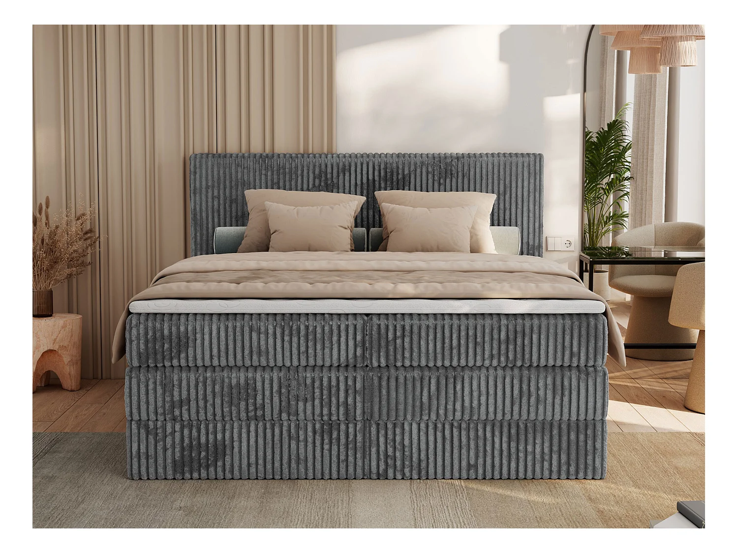 Boxspringbett TILIANO KING, Multipocket-Matratze, Cord Bett, Kopfteil und zwei Bettkästen - 200x200 cm - H4 - Grau Cord