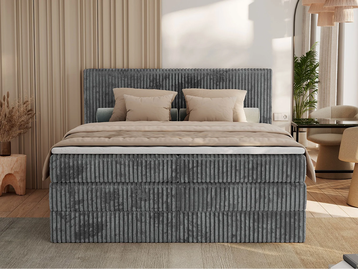 Boxspringbett TILIANO KING, Multipocket-Matratze, Cord Bett, Kopfteil und zwei Bettkästen - 200x200 cm - H4 - Grau Cord
