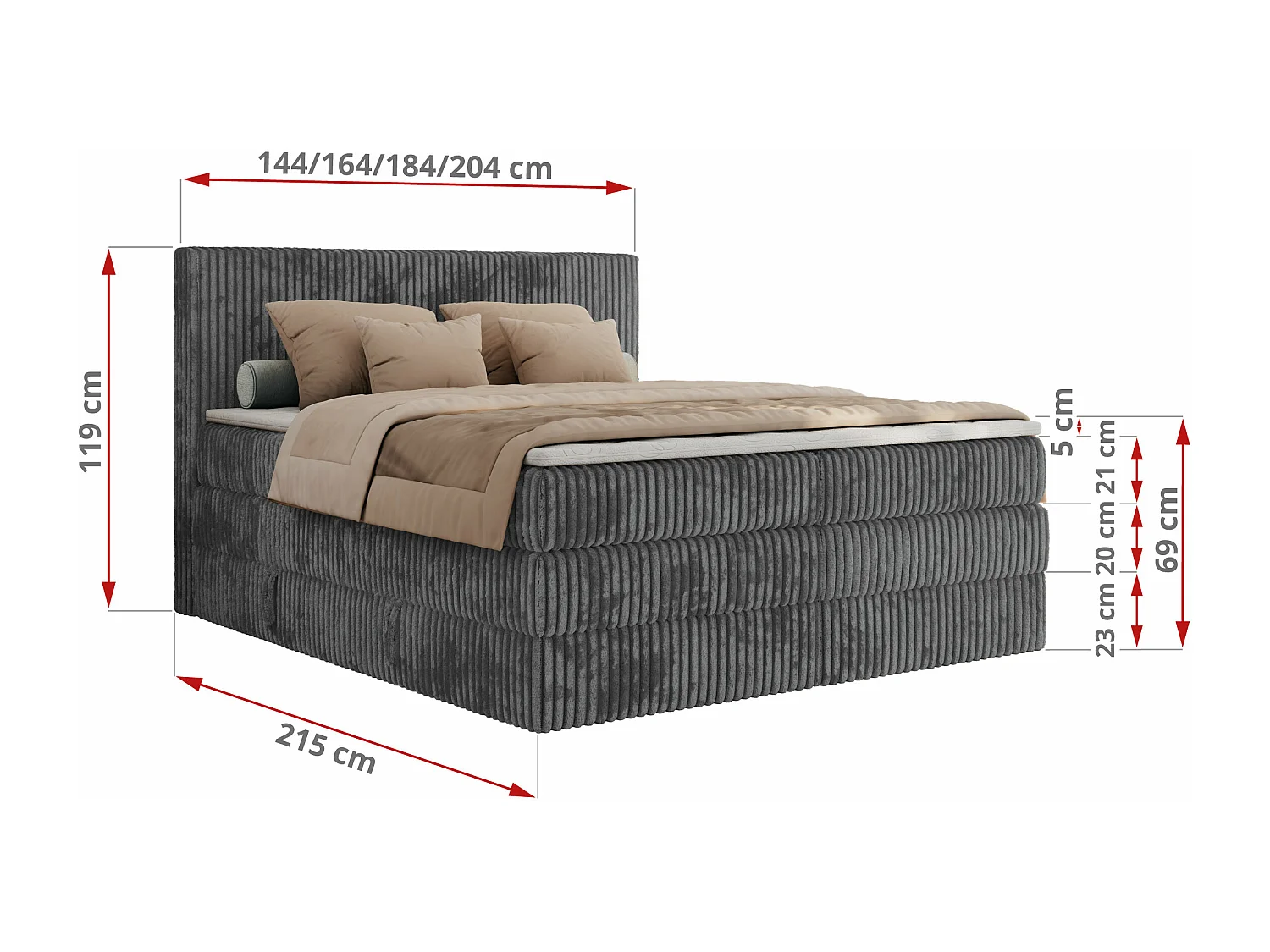 Boxspringbett TILIANO KING, Multipocket-Matratze, Cord Bett, Kopfteil und zwei Bettkästen - 200x200 cm - H4 - Grau Cord