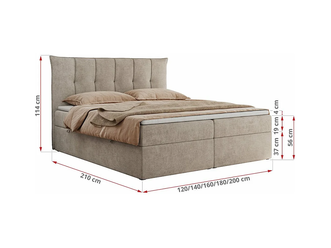 Boxspringbett PREMIUM 10 mit Multipocket-Matratze, gesteppte Kopfstütze, zwei Bettkästen - 180x200 cm - H3 - Beige Strukture
