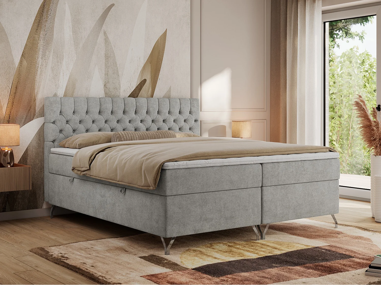 Boxspringbett GRIMALDI mit zwei Bettkästen, gesteppter Kopfstütze, Metallfüßen - 140x200 cm - H3 - Hellgrau Strukture