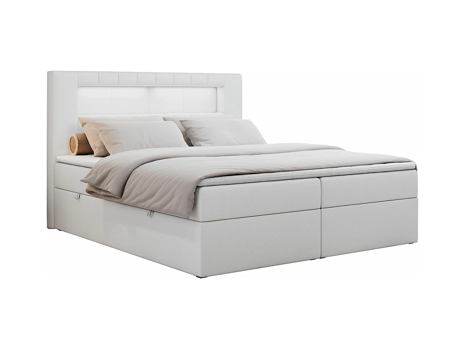 Boxspringbett GOLD 5 mit Multipocket-Matratze und LED, zwei Bettkästen - 160x200 cm - H3 - Weiß Kunstleder