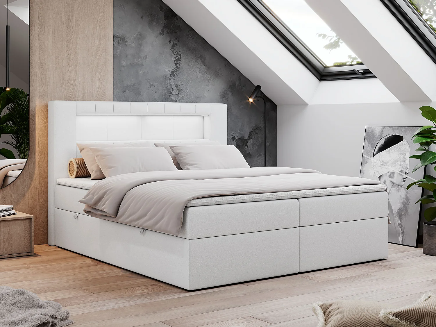 Boxspringbett GOLD 5 mit Multipocket-Matratze und LED, zwei Bettkästen - 160x200 cm - H3 - Weiß Kunstleder