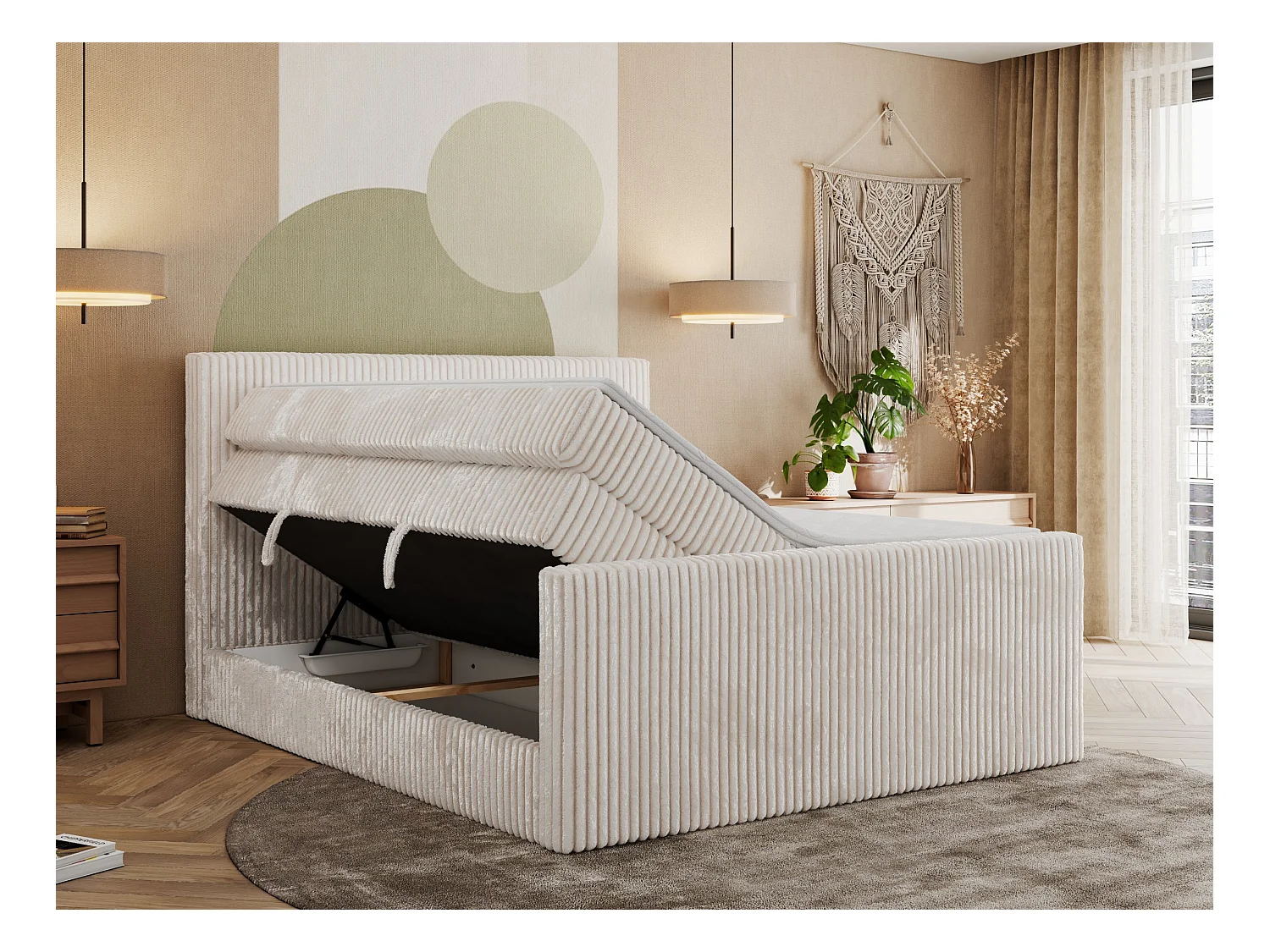 Boxspringbett TILIANO KING DUO, mit zwei Bettkästen, Cord Bett Multipocket-Matratze - 180x200 cm - H4 - Beige Cord