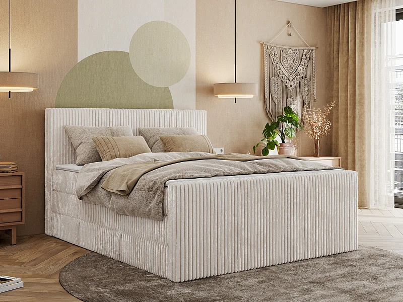 Boxspringbett TILIANO KING DUO, mit zwei Bettkästen, Cord Bett Multipocket-Matratze - 180x200 cm - H4 - Beige Cord