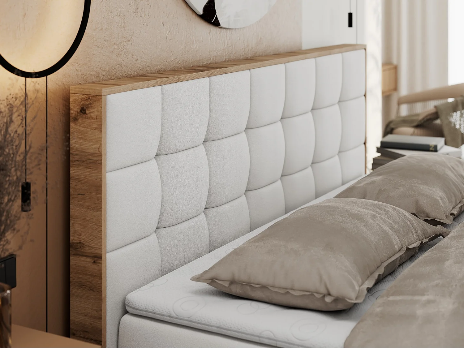 Boxspringbett ALBERO 1, Polsterbett mit gestepptem Kopfteil, Multipocket-Matratze - 140x200 cm - H4 - Weiß Kunstleder